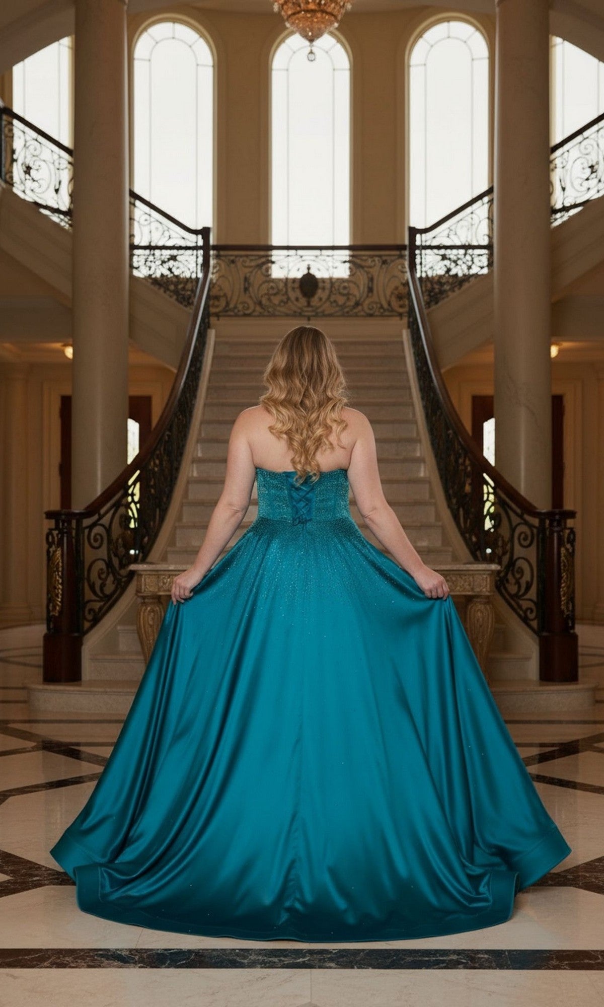 A woman in the Long Plus-Size Prom Dress: Poly USA W1244, a shimmering strapless teal satin gown, stands at the base of an ornate staircase in a grand foyer, facing away from the camera.